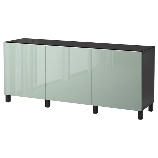 Комбинация для хранения с дверцами БЕСТО, черно-коричневый, Сельсвикен глянцевый/серо-зеленый светлый (180x40x74 см) - фото 1