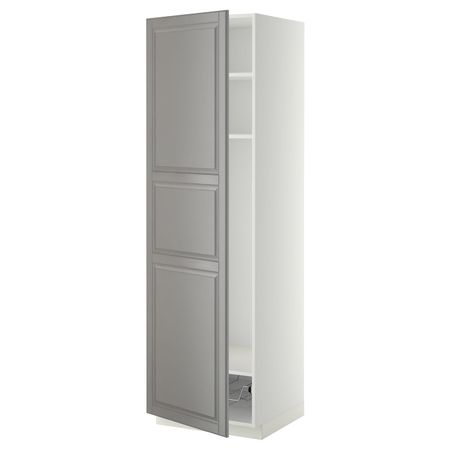 Высокий шкаф с полками, проволочные корзин, белый/Будбин серый 60x60x200 см IKEA METOD МЕТОД 894.737.41