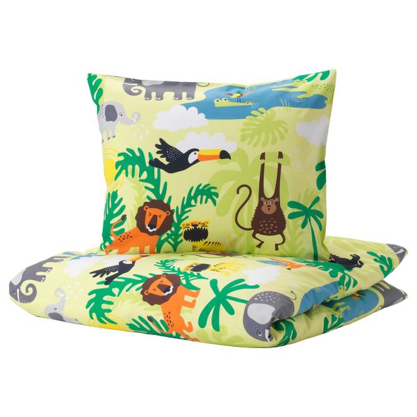 Пододеяльник и 1 наволочка, зверюшка/зеленый 150x200/50x70 см IKEA DJUNGELSKOG ДЬЮНГЕЛЬСКОГ 803.935.22 - фото 1