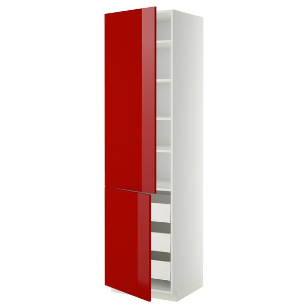 Высокий шкаф + полки, 3 ящика, 2 дверцы МЕТОД / МАКСИМЕРА, белый, Рингульт красный - схема-чертеж с размерами