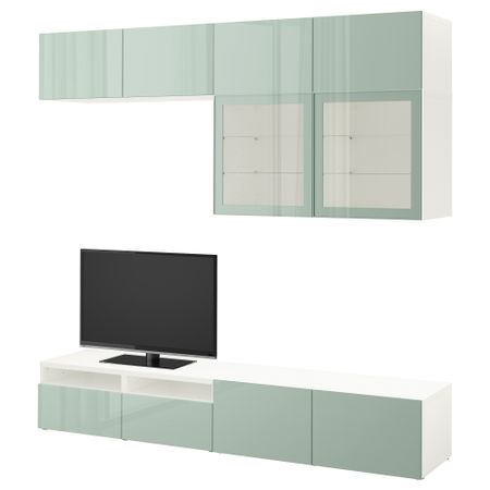 Шкаф для ТВ, комбинированный, стекляные дверцы БЕСТО, белый Сельсвикен, глянцевый/серо-зеленый светлый прозрачное стекло