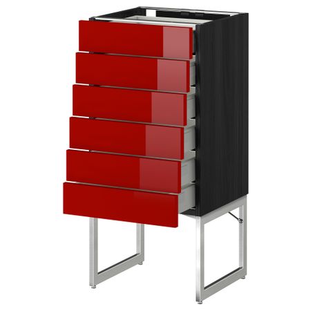 Напольный шкаф 6 фронтальных панелей, 6 нижних ящиков МЕТОД / МАКСИМЕРА, черный, Рингульт красный