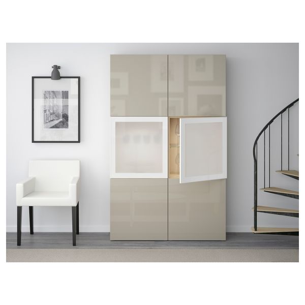 Комбинация для хранения со стеклянными дверцами БЕСТО, под беленый дуб, Сельсвикен глянцевый/бежевый матовое стекло (120x40x192 - фото 2