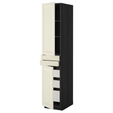 Высокий шкаф + полки, 5 ящиков, 2 дверцы, 2 фронтальных МЕТОД / МАКСИМЕРА, черный, Будбин белый с оттенком