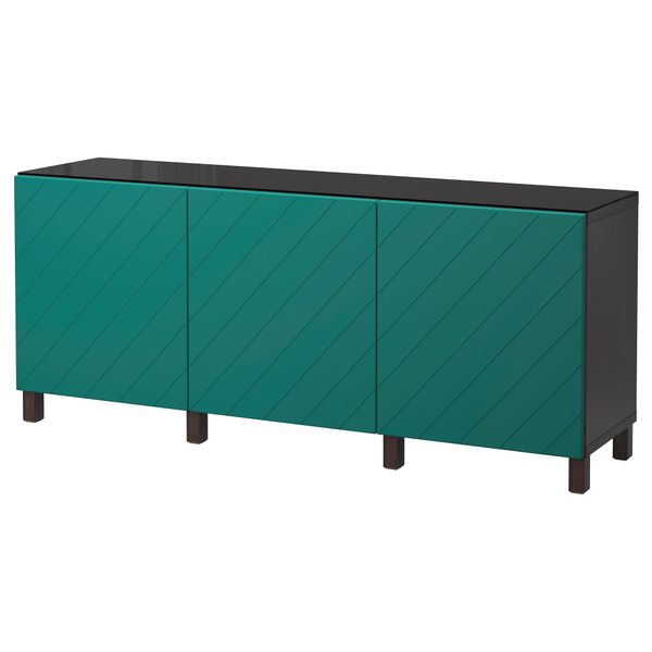 Комбинация для хранения с дверцами БЕСТО, черно-коричневый, Халлставик сине-зеленый (180x40x74 см) - фото 1