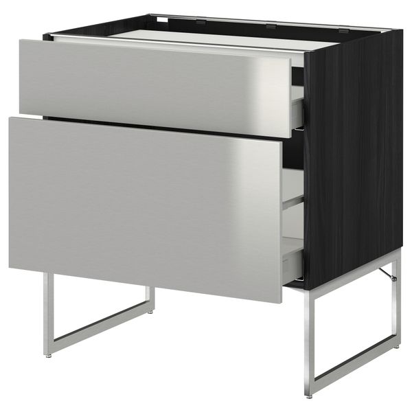 Напольный шкаф, 2 фронтальных панели, 3 ящика МЕТОД / МАКСИМЕРА, черный, Гревста нержавеющ сталь - схема-чертеж с размерами