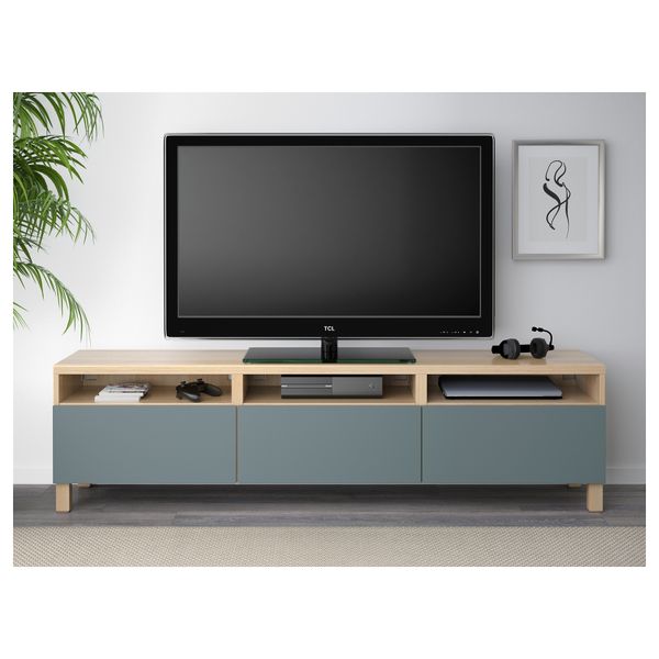 Тумба для ТВ с ящиками БЕСТО, под беленый дуб, Вальвикен серо-бирюзовый (180x40x48 см) - фото 2