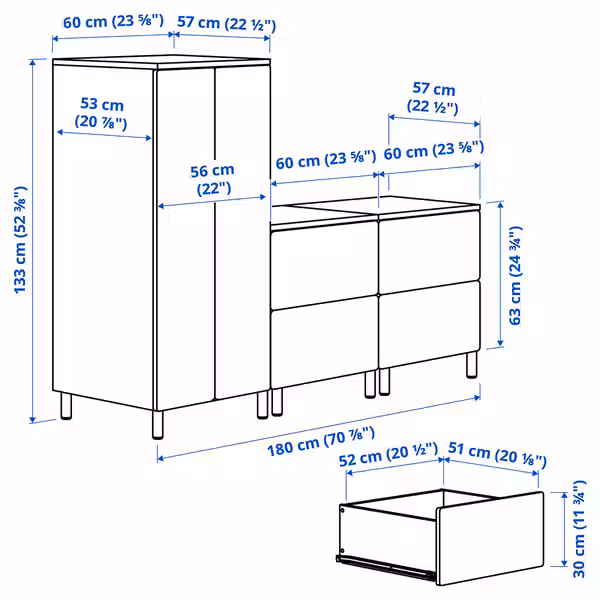 SMÅSTAD / PLATSA Гардероб - белый белый/с 2 комодами 180x57x133 см - схема-чертеж с размерами