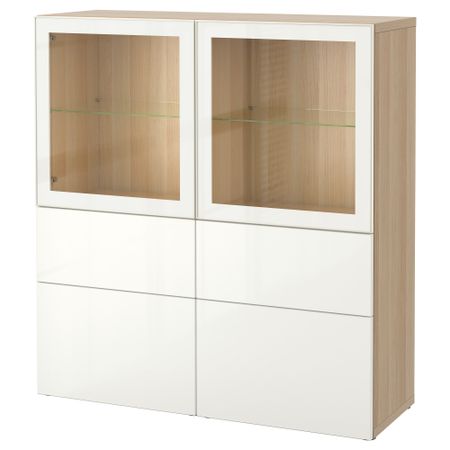 Комбинация для хранения со стеклянными дверцами БЕСТО, под беленый дуб, Сельсвикен глянцевый/белый прозрачное стекло (120x40x128