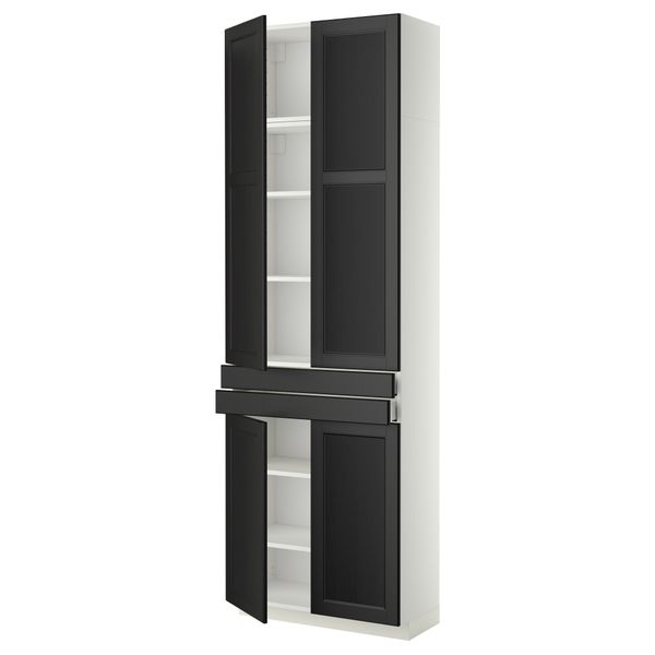Высокий шкаф + полки, 2 ящика, 4 дверцы МЕТОД / МАКСИМЕРА, белый, Лаксарби черно-коричневый (80x37x240 см) - фото 1