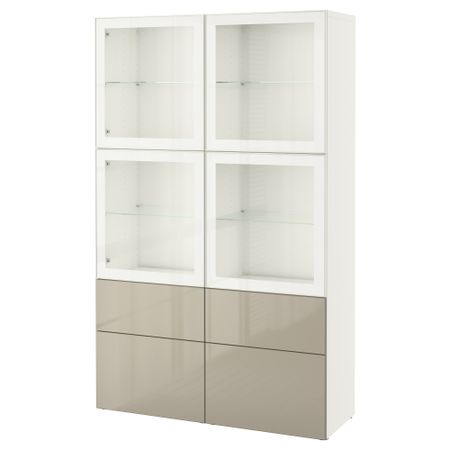 Комбинация для хранения со стеклянными дверцами БЕСТО, белый, Сельсвикен глянцевый/бежевый прозрачное стекло (120x40x192 см)