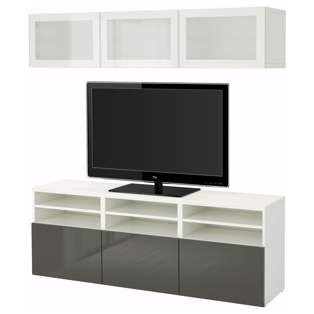 Шкаф для ТВ, комбинированный, стекляные дверцы БЕСТО, белый, Сельсвикен глянцевый/серый матовое стекло (180x40x192 см) - фото 1