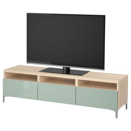 Тумба для ТВ с ящиками БЕСТО, под беленый дуб, Сельсвикен глянцевый/серо-зеленый светлый (180x40x48 см)