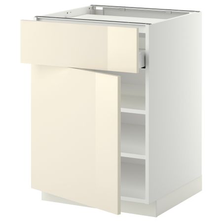 Напольный шкаф для варочной панели, ящик, полка, дверцы МЕТОД / МАКСИМЕРА, белый, Рингульт кремовый (60x60 см)