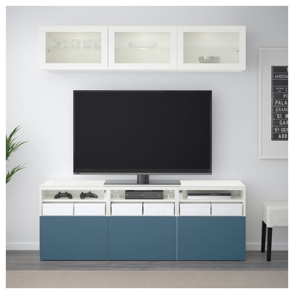 Шкаф для ТВ, комбинированный, стекляные дверцы БЕСТО, белый Вальвикен, темно-синий прозрачное стекло (180x40x192 см) - фото 2