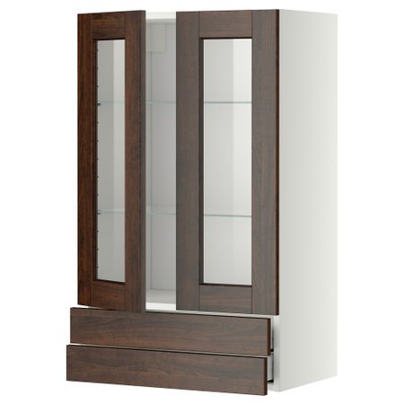 Навесной шкаф, 2 стеклянные дверцы, 2 ящика МЕТОД / МАКСИМЕРА, белый, Эдсерум коричневый