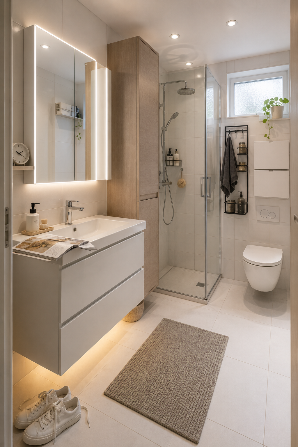 Итоговый результат: ванная 3 кв м с GODMORGON, душевой кабиной, TRONES и LED-освещением