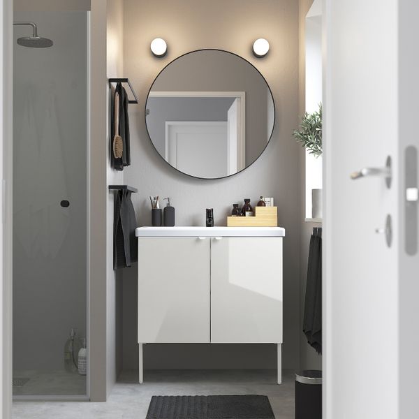 Шкаф под раковину с 2 дверец, глянцевый белый/Сальен смеситель 84x43x88 см IKEA FISKÅN ФИСКОН / TVÄLLEN ТВЭЛЛЕН 794.304.41 - фото 2