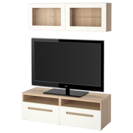 Шкаф для ТВ, комбинированный, стекляные дверцы БЕСТО, под беленый дуб, Марвикен белый прозрачное стекло (120x20/40x166 см)
