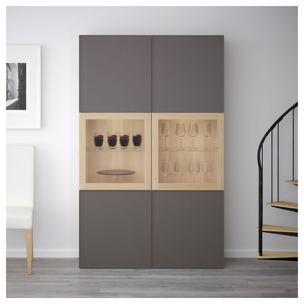 Комбинация для хранения со стеклянными дверцами БЕСТО, под беленый дуб Грундсвикен, темно-серый прозрачное стекло - фото 2