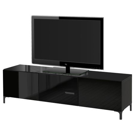 Тумба под ТВ, с дверцами БЕСТО, черно-коричневый, Сельсвикен глянцевый/черный дымчатое стекло (180x40x38 см)