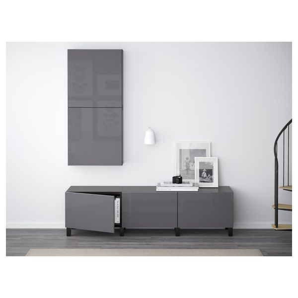 Навесной шкаф с 2 дверями БЕСТО, черно-коричневый, Сельсвикен глянцевый/серый (60x20x128 см) - фото 2