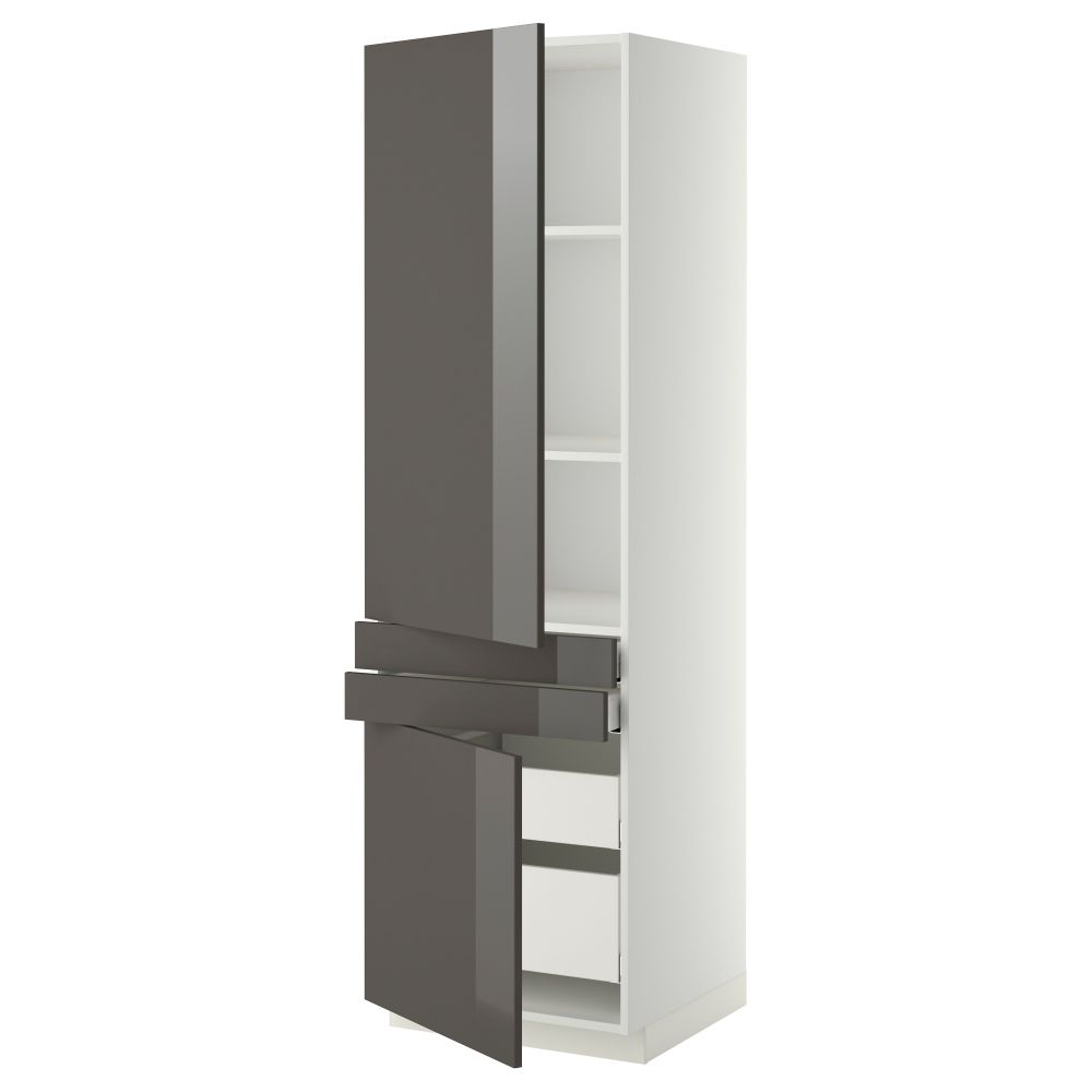 Высокий шкаф + полки, 4 ящик, 2 двери, 2 фронтальные МЕТОД / МАКСИМЕРА, белый, Рингульт серый (60x60x200 см) - фото 1