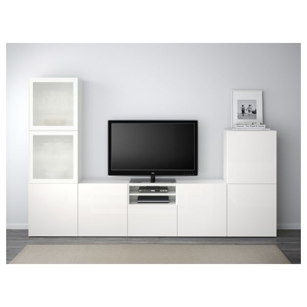 Шкаф для ТВ, комбинированный, стекляные дверцы БЕСТО, белый, Сельсвикен глянцевый/белый матовое стекло (300x40x192 см) - фото 2