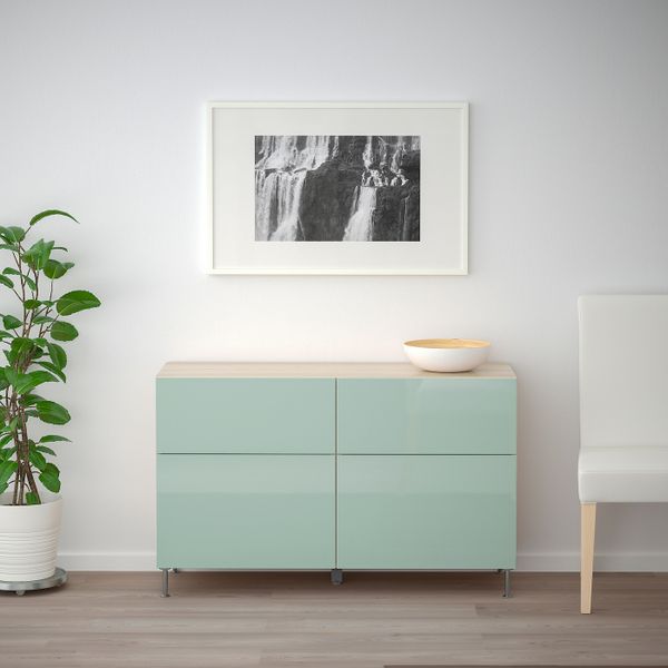 Комбинация для хранения с дверцами/ящ, под беленый дуб, СЕЛЬСВ/СТАЛЛАРП глянцевый/серо-зеленый светлый, 120x40x74 см IKEA БЕСТО - фото 2