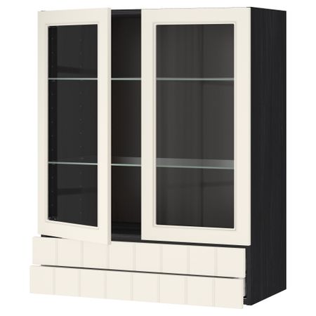 Навесной шкаф, 2 стеклянные дверцы, 2 ящика МЕТОД / МАКСИМЕРА, черный, Хитарп белый с оттенком