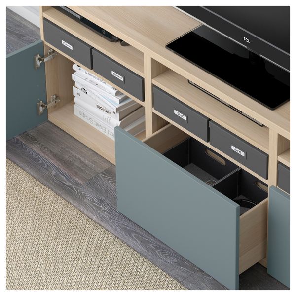 Шкаф для ТВ, комбинированный, стекляные дверцы БЕСТО, под беленый дуб, Вальвикен серо-бирюзовый, прозрачное стекло (180x40x192 - фото 4