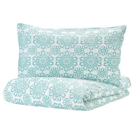 Пододеяльник и 1 наволочка, белый, бирюзовый 150x200/50x70 см IKEA ЭНГССАЛЬВИА 004.593.76
