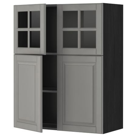 Навесной шкаф, полки, 2 двери, 2 стеклянные дверцы МЕТОД, черный, Будбин серый (80x100 см)
