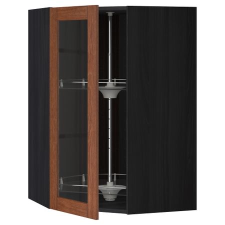 Угловой навесной шкаф с вращающающейся секцией, стеклянными дверцами МЕТОД, черный, Филипстад коричневый
