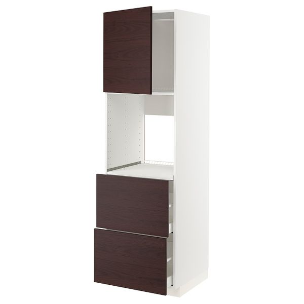 Высокий шкаф для духовки + дверца, 2 форнтальных, 2 высоких ящ, белый Аскерсунд/темно-коричневый под ясень 60x60x200 см IKEA - фото 1