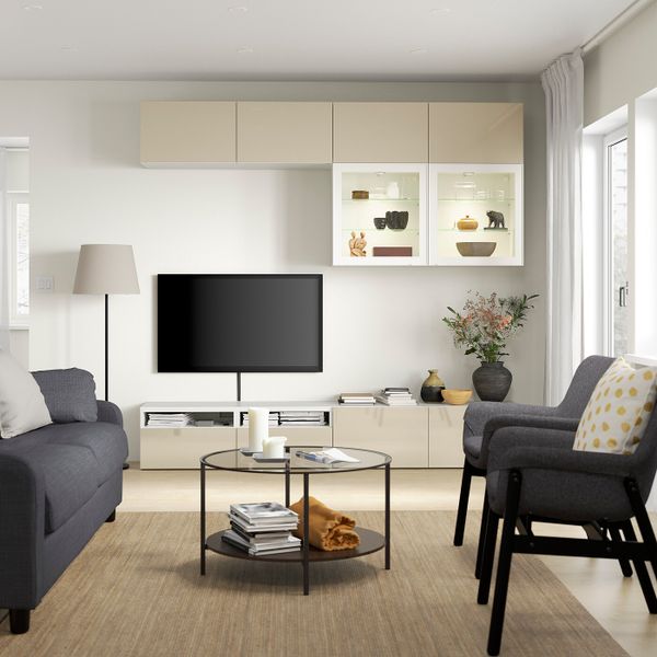 Шкаф для ТВ, комбинированный, стекляные дверцы, белый/Сельсвикен глянцевый, бежевый прозрачное стекло 240x42x231 см IKEA BESTÅ - фото 3