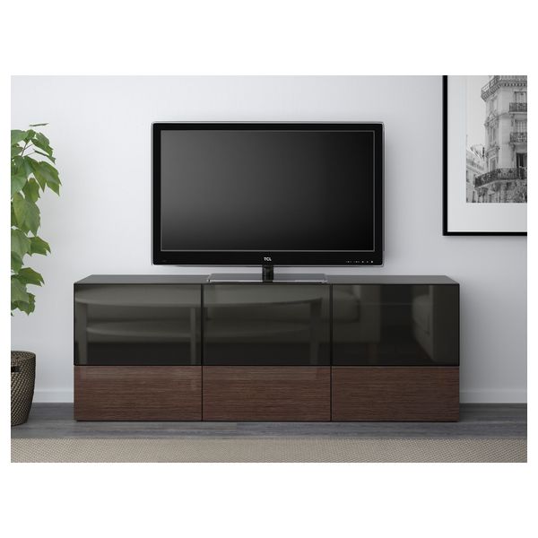 Тумба под ТВ, с дверцами и ящиками БЕСТО, черно-коричневый, Сельсвикен глянцевый/коричневый дымчат стекло (180x40x64 см) - фото 2