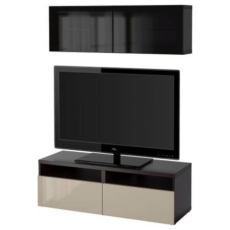 Шкаф для ТВ, комбинированный, стекляные дверцы БЕСТО, черно-коричневый, Сельсвикен глянцевый/бежевый/дымчатое стекло