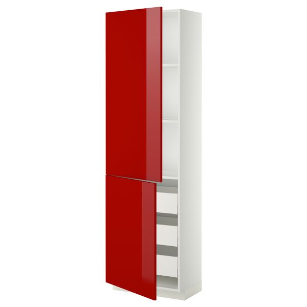 Высокий шкаф + полки, 3 ящика, 2 дверцы МЕТОД / МАКСИМЕРА, белый, Рингульт красный - схема-чертеж с размерами