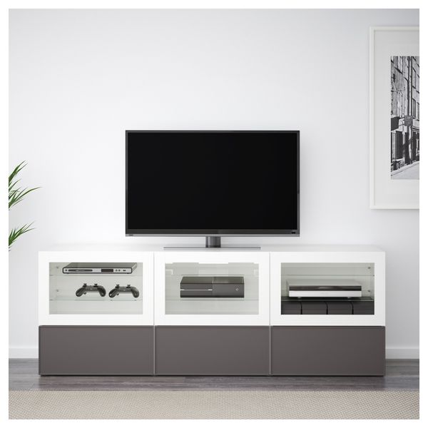 Тумба под ТВ, с дверцами и ящиками БЕСТО, белый Грундсвикен, темно-серый прозрачное стекло (180x40x64 см) - фото 2