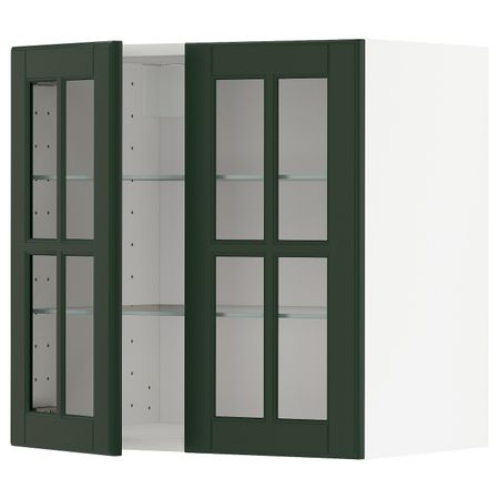 Навесной шкаф/полки/2стеклян двери, белый/Будбин темно-зеленый 60x60 см IKEA METOD МЕТОД 994.471.91