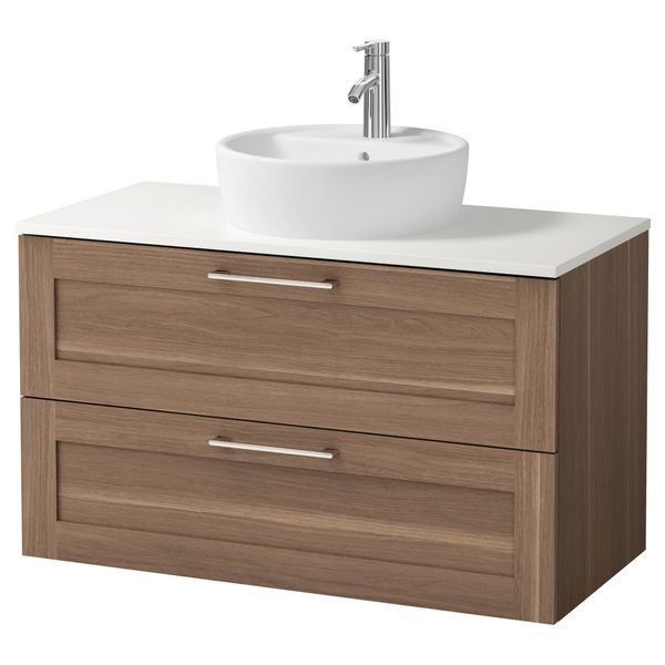 Шкаф п-раковину/столешн45/раковина ГОДМОРГОН/АЛДЕРН / ТОРНВИКЕН, под грецкий орех, белый (102x49x74 см) - фото 1