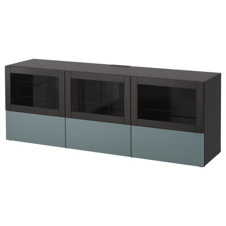 Тумба под ТВ, с дверцами и ящиками БЕСТО, черно-коричневый, Вальвикен серо-бирюзовый, прозрачное стекло (180x40x64 см)