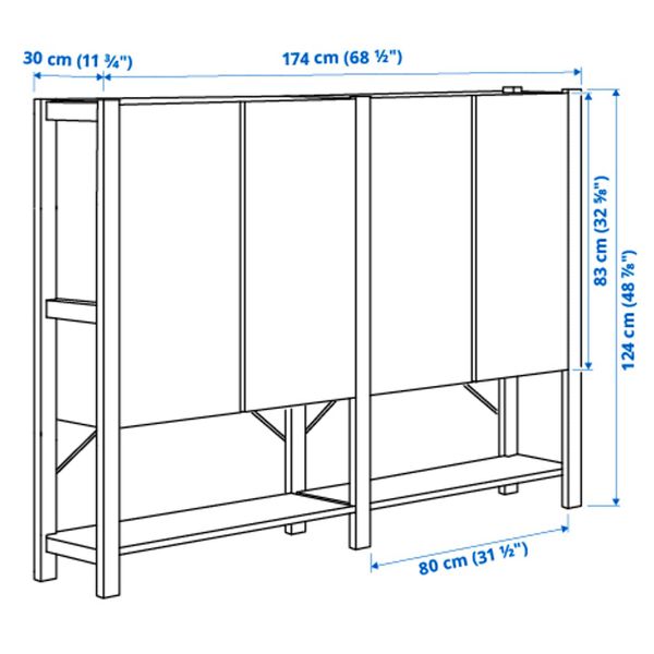 2 секции, полки/шкаф, сосна 174x30x124 см IKEA IVAR ИВАР 093.909.81 - схема-чертеж с размерами