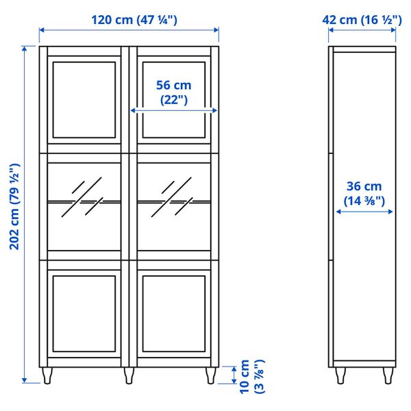 Комбинация для хранения + стеклянная дверц, белый Суттервикен/Синдвик белый прозрачное стекло 120x42x202 см IKEA BESTÅ БЕСТО - схема-чертеж с размерами