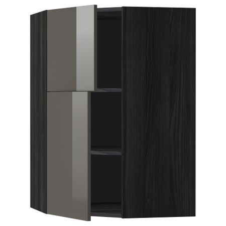 Угловой навесной шкаф + полки, 2 дверцы МЕТОД, черный, Рингульт серый (68x100 см)