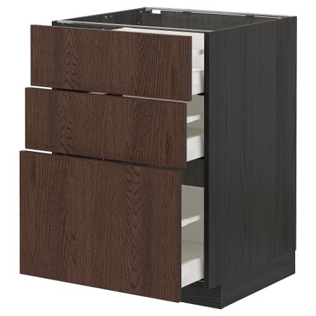 Напольный шкаф с 3 ящиками, черный, Sinarp коричневый, 60x60 см IKEA METOD МЕТОД, MAXIMERA МАКСИМЕРА 994.057.23