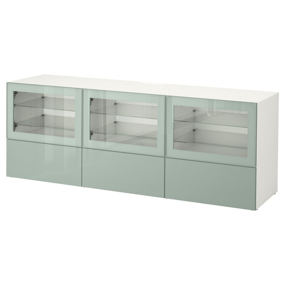 Тумба под ТВ, с дверцами и ящиками БЕСТО, белый Сельсвикен, глянцевый/серо-зеленый светлый прозрачное стекло (180x40x64 см) - фото 1