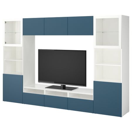 Шкаф для ТВ, комбинированный, стекляные дверцы БЕСТО, белый Вальвикен, темно-синий прозрачное стекло (300x40x192 см)