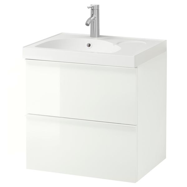 Шкаф для раковины с 2 ящиками ГОДМОРГОН / ЭДЕБОВИКЕН, глянцевый белый (60x49x64 см) - фото 2